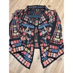 Vtg Johnny Was Embroidered Jacket Colorful Floral Boho Aztec Open Front L Large